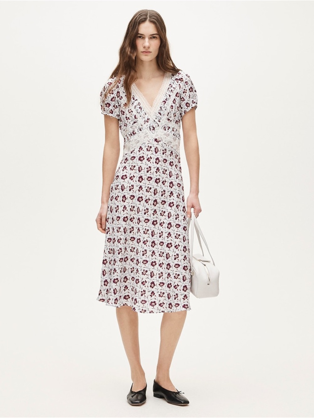 J. Crew White Midi Dress with Burgundy Floral Lace Trim